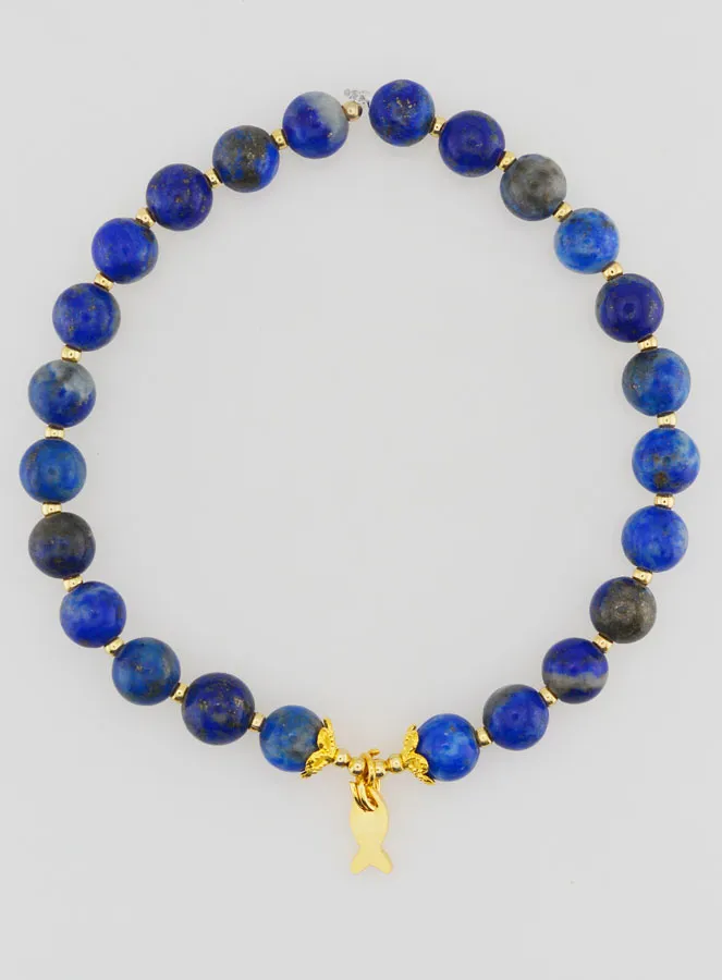 Armband van Lapis Lazuli 6mm en Hanger Vis (pic 1)