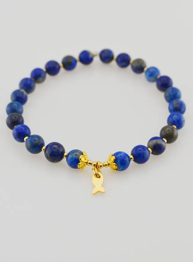 Armband van Lapis Lazuli 6mm en Hanger Vis (pic 2)