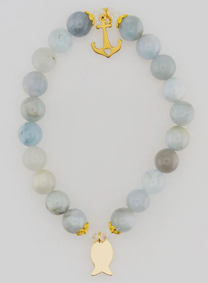 Armband van Aquamarijn 8mm met Ichthus Vis en Anker (pic 1)