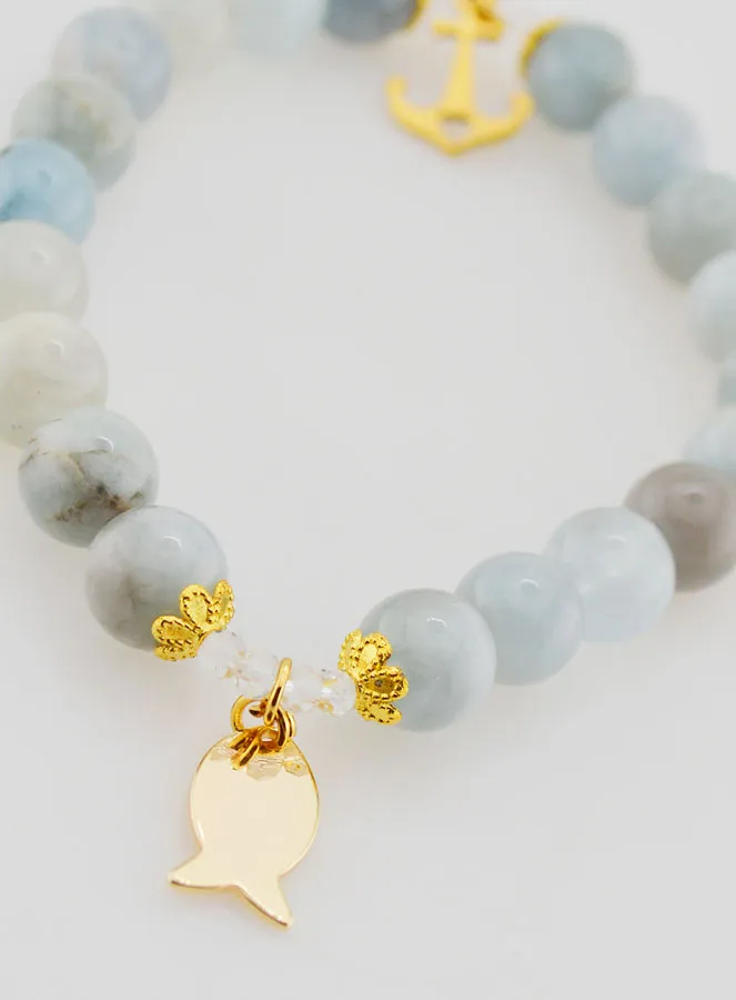 Armband van Aquamarijn 8mm met Ichthus Vis en Anker (pic 2)