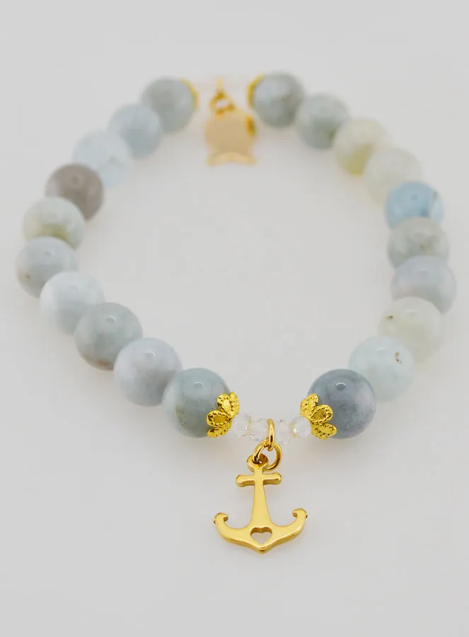 Armband van Aquamarijn 8mm met Ichthus Vis en Anker (pic 3)
