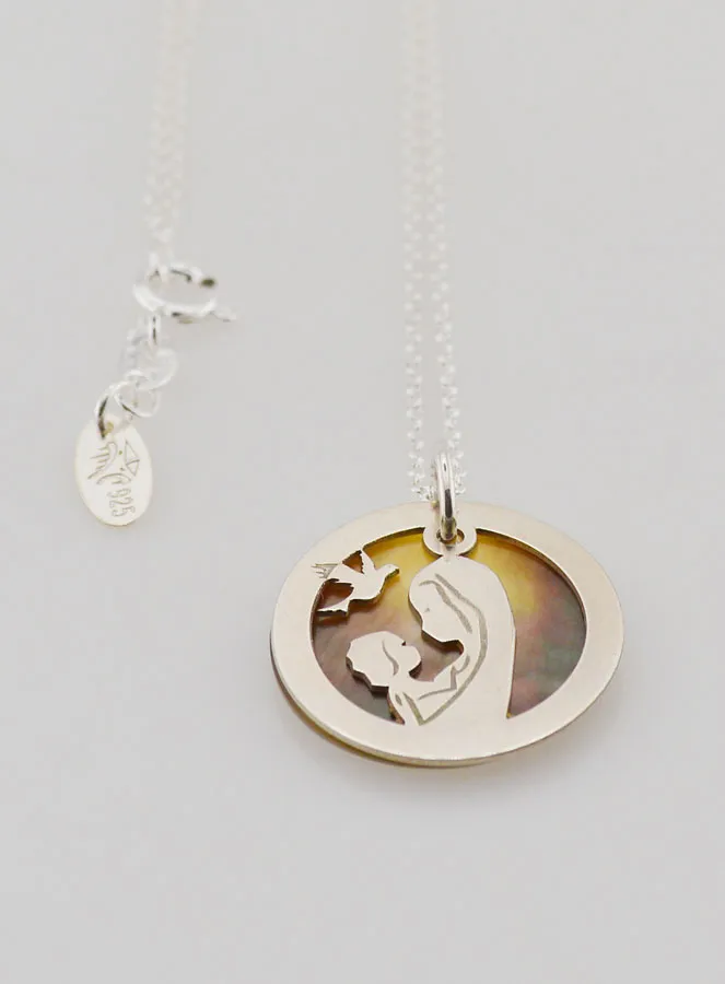 Halsketting Maria met Kind en Duif - Zilver en Parelmoer (pic 2)