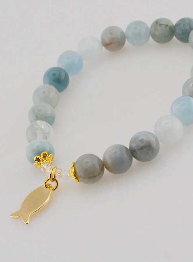 Armband Aquamarijn Stenen 8mm en Ichthus Goudkleurig (pic 4)