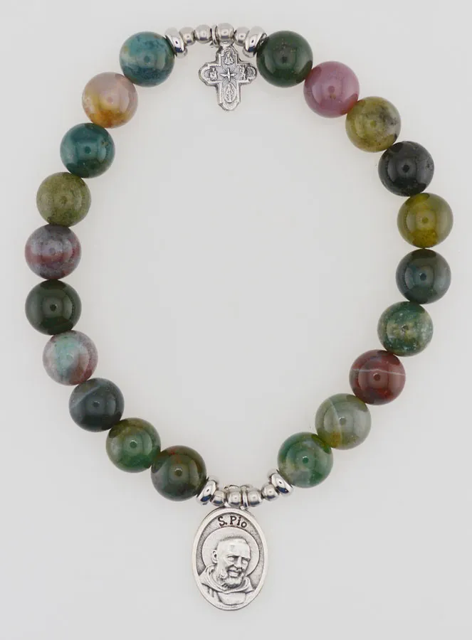 Religieuze Armband Indiase Agaat 8mm - Pater Pio en Drievuldigheid (pic 1)