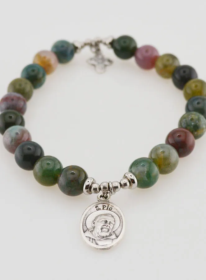 Religieuze Armband Indiase Agaat 8mm - Pater Pio en Drievuldigheid (pic 2)