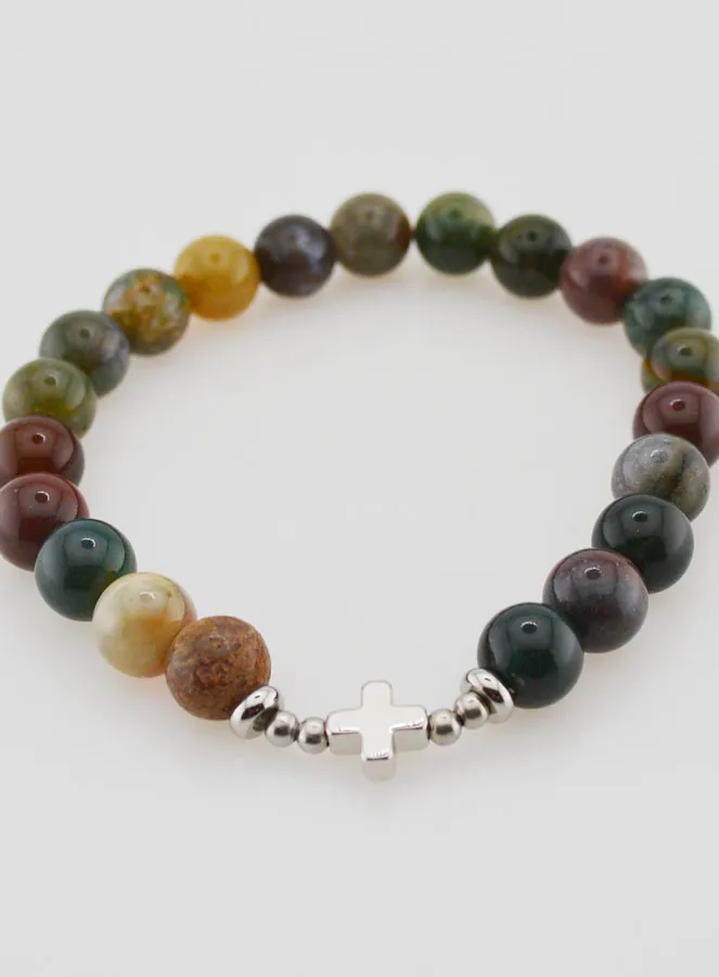 Religieuze Armband Indiase Agaat 8mm en Kruis (pic 2)