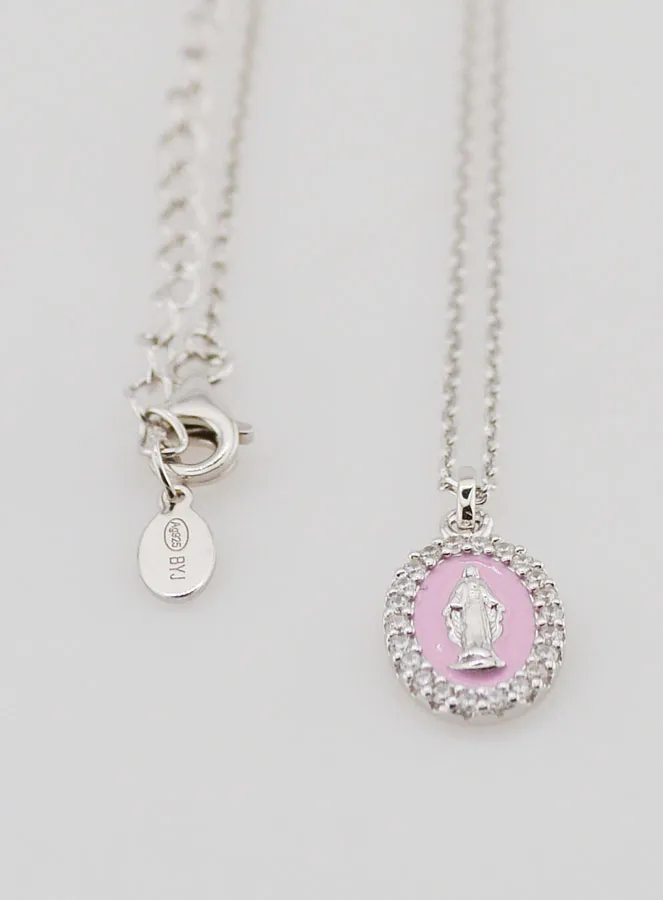 Halsketting Maria Wonderdadige Zilver en Roze Emaille (pic 3)
