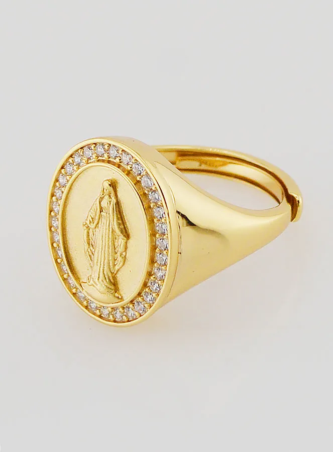 Ring Zegelring Maria Wonderdadige van Verguld Zilver en Zirkonia - Maten 52 tot 56 (pic 2)