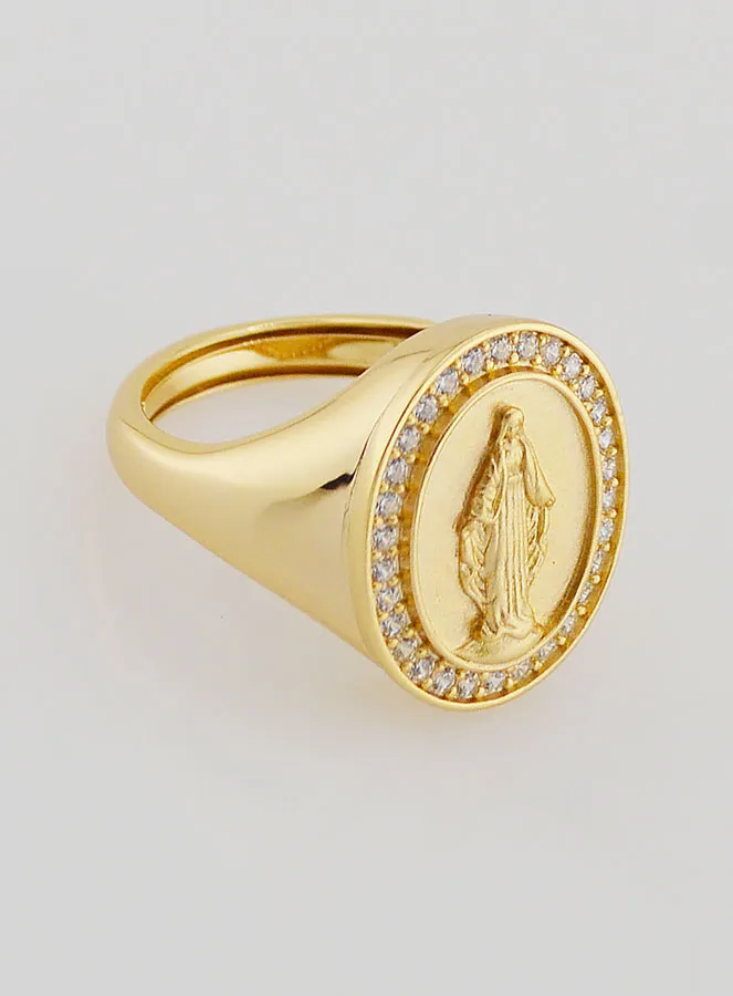 Ring Zegelring Maria Wonderdadige van Verguld Zilver en Zirkonia - Maten 52 tot 56 (pic 3)