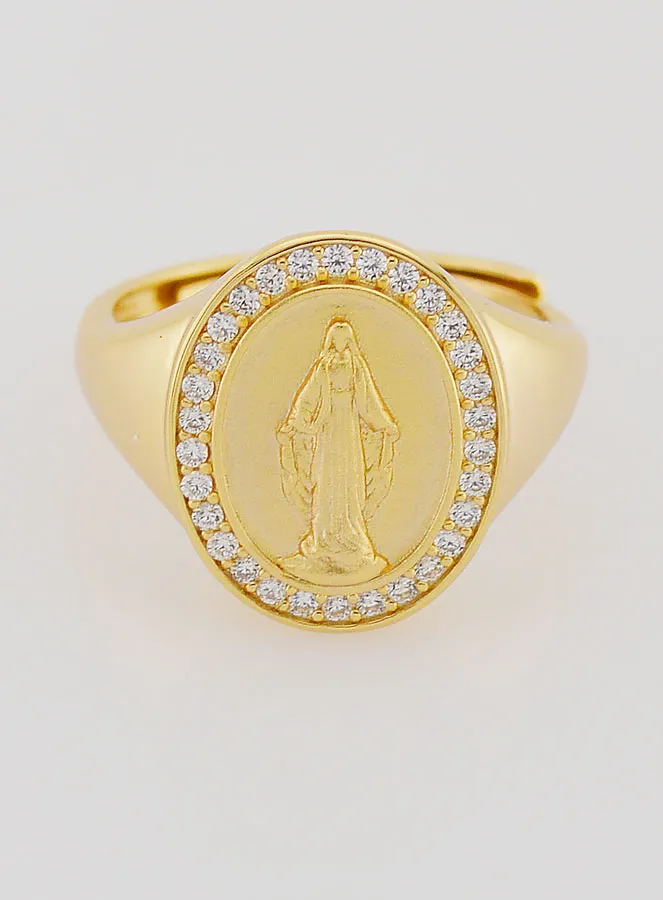 Ring Zegelring Maria Wonderdadige van Verguld Zilver en Zirkonia - Maten 58-62 (pic 1)