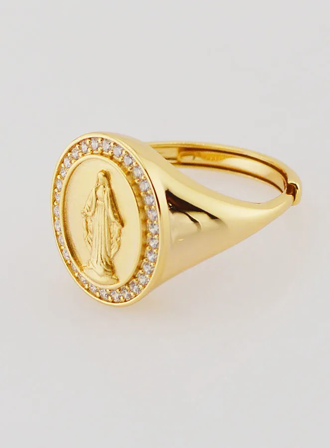 Ring Zegelring Maria Wonderdadige van Verguld Zilver en Zirkonia - Maten 58-62 (pic 2)