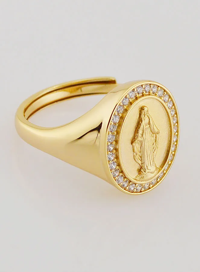 Ring Zegelring Maria Wonderdadige van Verguld Zilver en Zirkonia - Maten 58-62 (pic 3)