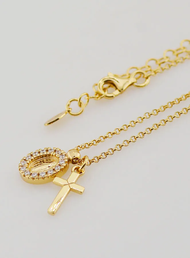 Religieus Collier Maria Wonderdadige en Kruis – Verguld Zilver met Zirkonia (pic 1)