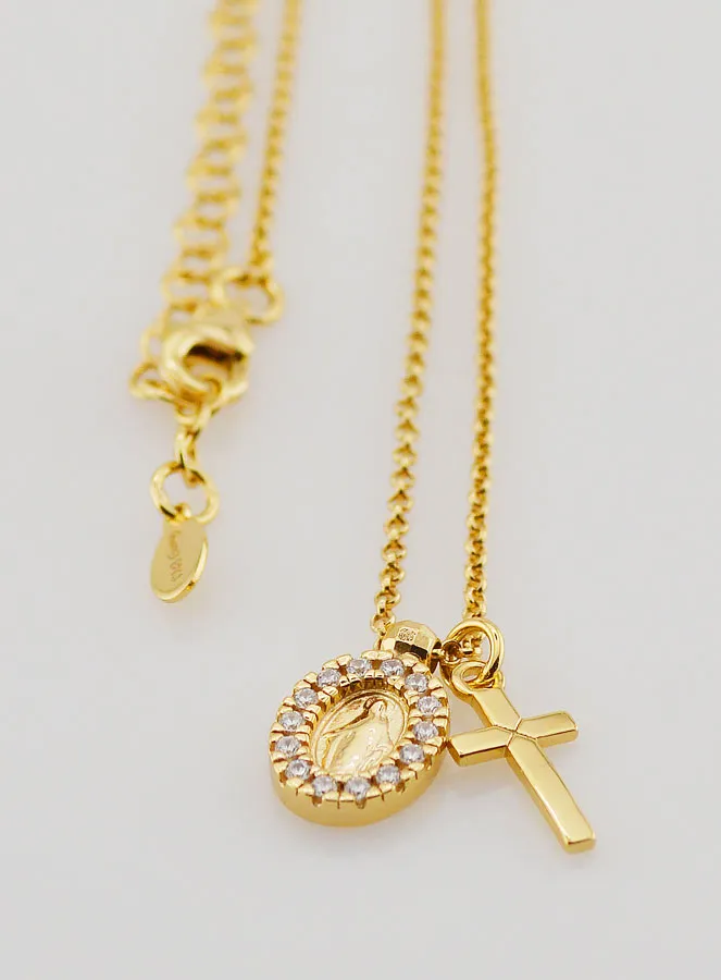 Religieus Collier Maria Wonderdadige en Kruis – Verguld Zilver met Zirkonia (pic 3)