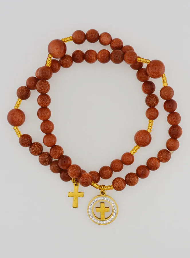 Rozenkrans Armband van Zonnesteen - Medaille Kruis met Zirkonia's (pic 1)