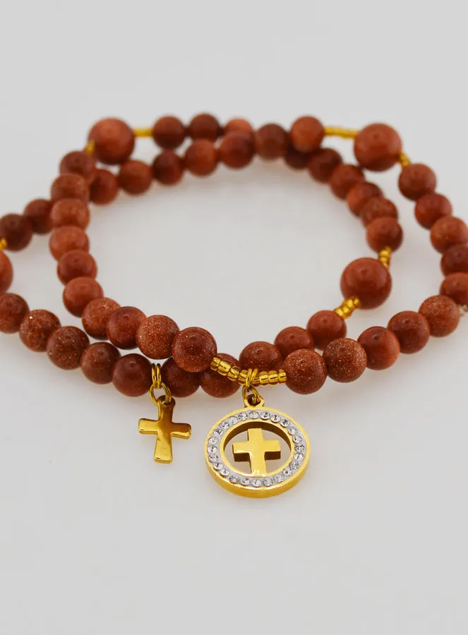 Rozenkrans Armband van Zonnesteen - Medaille Kruis met Zirkonia's (pic 2)