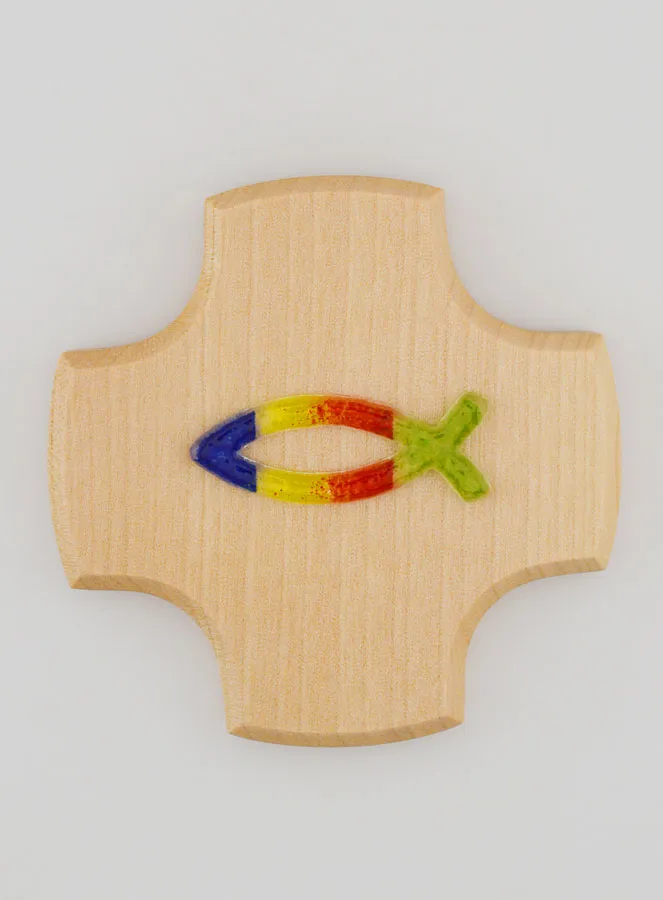 Kruis van Esdoornhout met Glazen Ichtus Vis - 9 cm (pic 1)