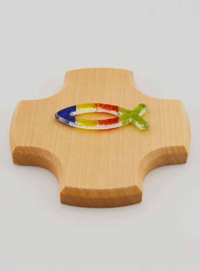 Kruis van Esdoornhout met Glazen Ichtus Vis - 9 cm (pic 2)