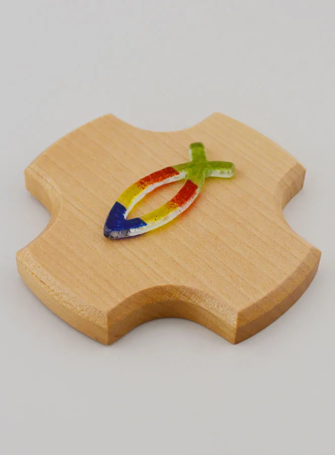 Kruis van Esdoornhout met Glazen Ichtus Vis - 9 cm (pic 3)