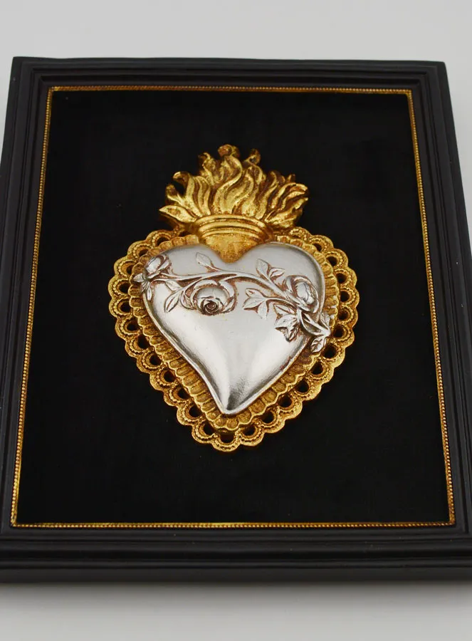 Ex Voto Wanddecoratie Goud en Zilver op Fluweel - Hart met Bloemen 18 cm (pic 2)