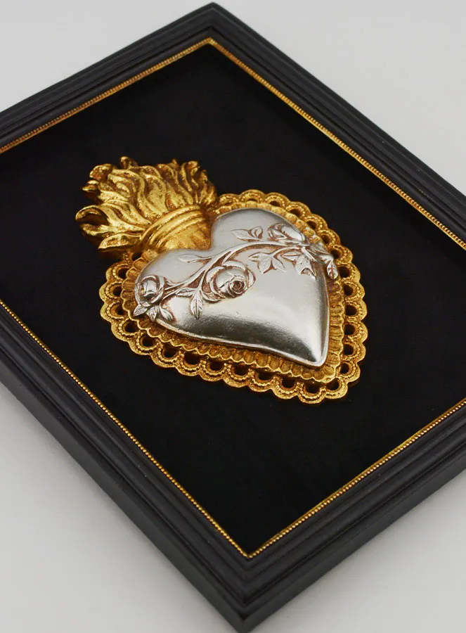 Ex Voto Wanddecoratie Goud en Zilver op Fluweel - Hart met Bloemen 18 cm (pic 3)