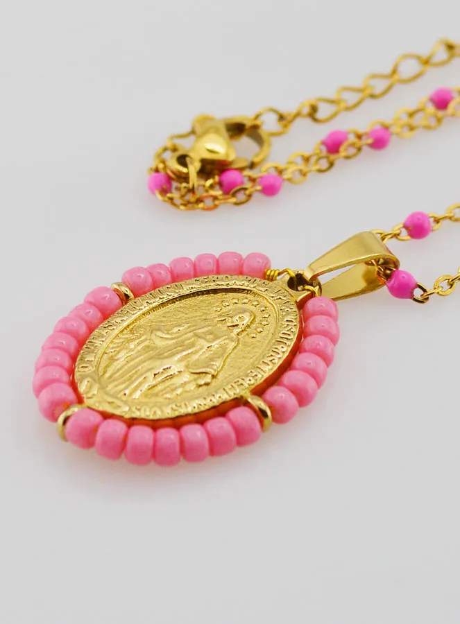 Wonderdadige Medaille met Kralen + Halsketting Roze Kralen (pic 1)