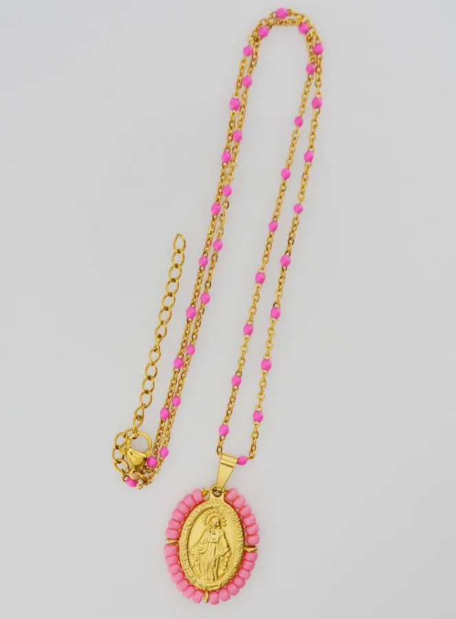Wonderdadige Medaille met Kralen + Halsketting Roze Kralen (pic 2)