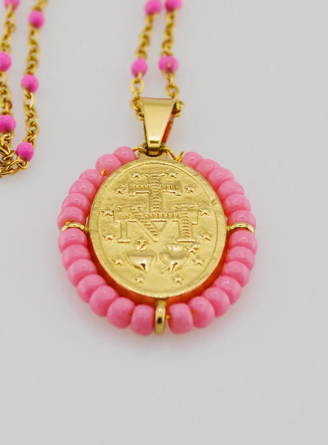 Wonderdadige Medaille met Kralen + Halsketting Roze Kralen (pic 3)