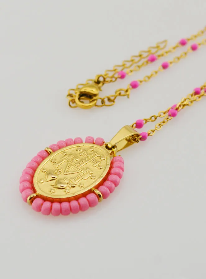 Religieus Collier met Kralen en Wonderdadige Medaille - Roze (pic 1)