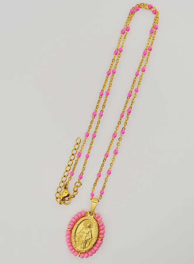 Religieus Collier met Kralen en Wonderdadige Medaille - Roze (pic 2)