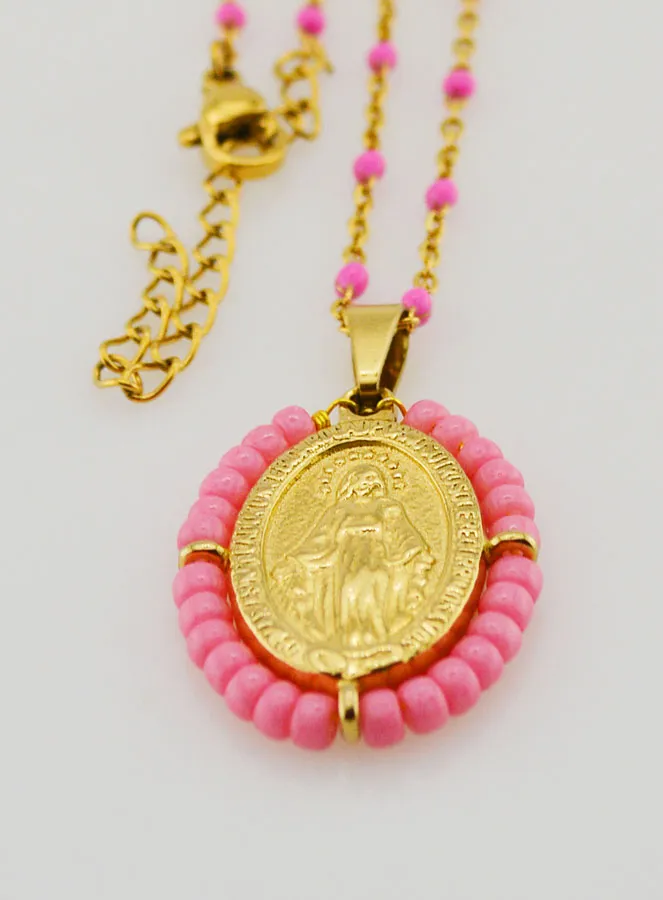 Religieus Collier met Kralen en Wonderdadige Medaille - Roze (pic 3)