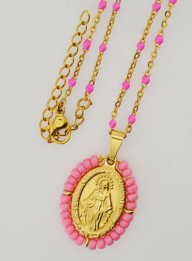 Religieus Collier met Kralen en Wonderdadige Medaille - Roze (pic 4)