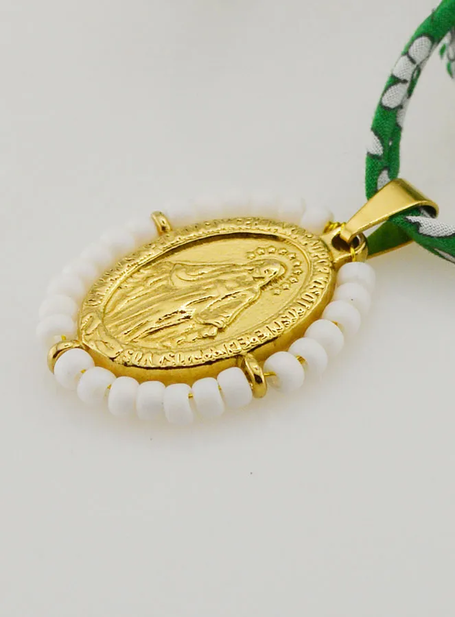 Religieus Collier Groen Liberty Koord - Wonderdadige Medaille met Kralen (pic 1)
