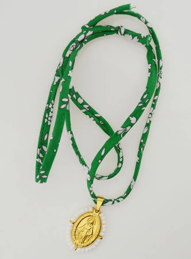 Religieus Collier Groen Liberty Koord - Wonderdadige Medaille met Kralen (pic 2)