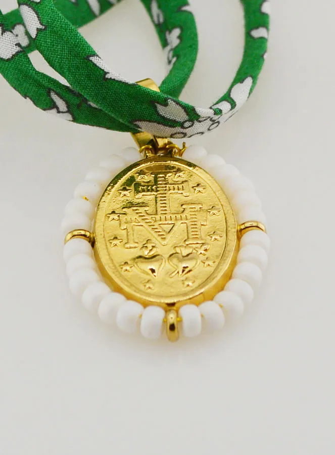 Religieus Collier Groen Liberty Koord - Wonderdadige Medaille met Kralen (pic 3)
