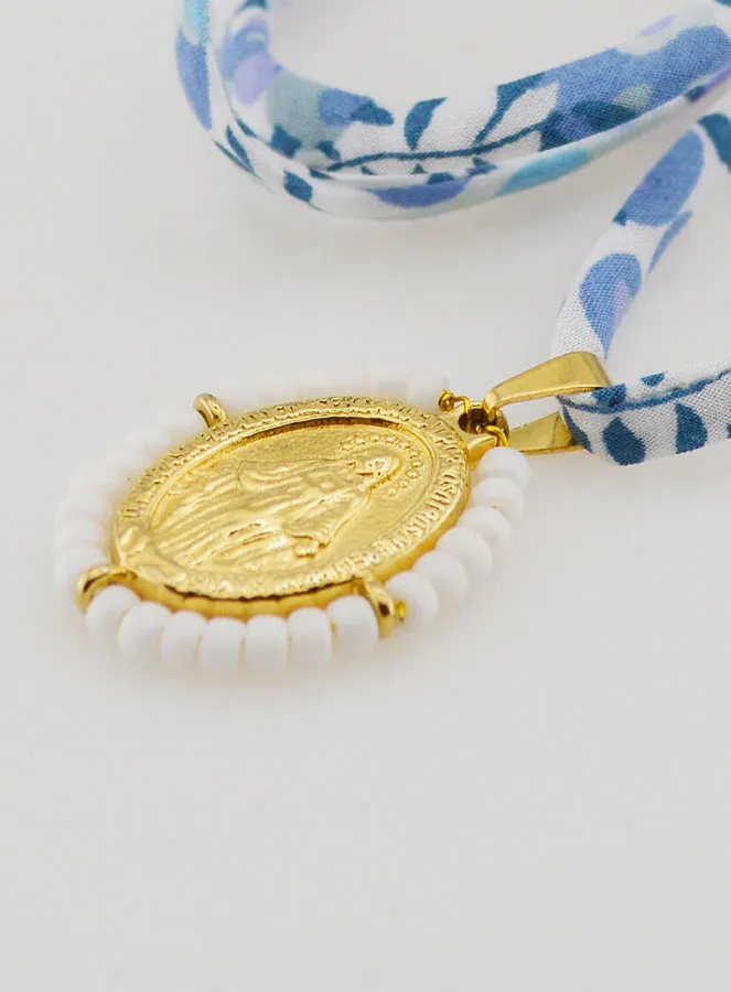 Religieus Collier Blauw Liberty Koord - Wonderdadige Medaille met Kralen (pic 1)
