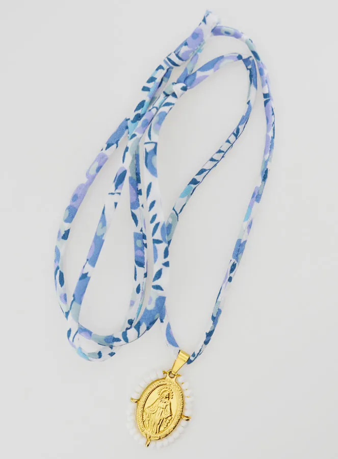 Religieus Collier Blauw Liberty Koord - Wonderdadige Medaille met Kralen (pic 2)