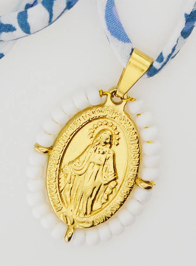Religieus Collier Blauw Liberty Koord - Wonderdadige Medaille met Kralen (pic 3)