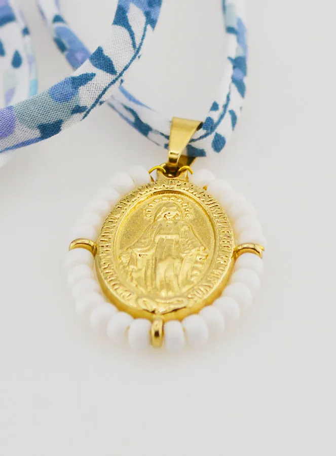 Religieus Collier Blauw Liberty Koord - Wonderdadige Medaille met Kralen (pic 4)