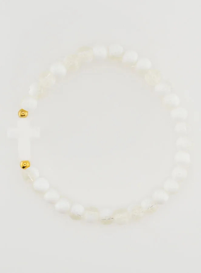 Religieuze Armband met Kruis en Witte Glazen Kralen (pic 1)