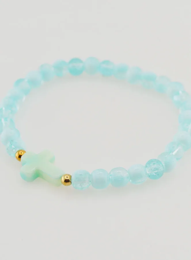 Religieuze Armband met Kruis en Blauwe Glazen Kralen (pic 3)