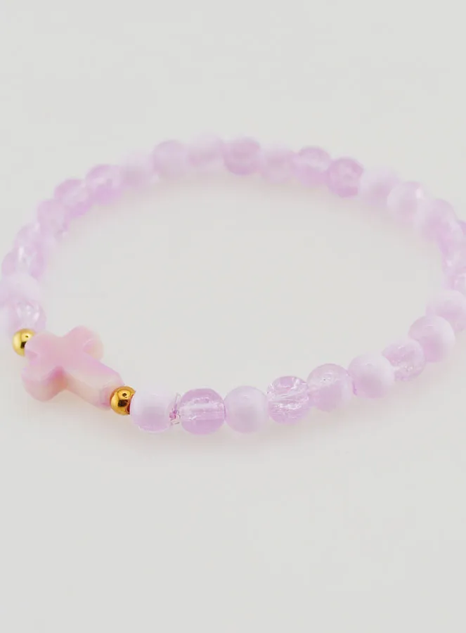 Religieuze Armband met Kruis en Paarse Glazen Kralen (pic 3)