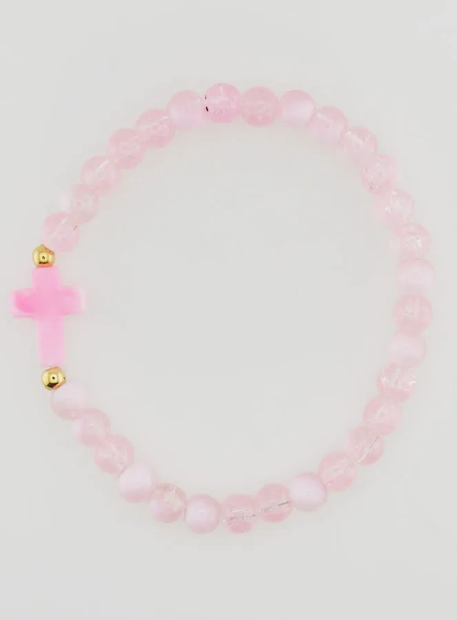 Religieuze Armband met Kruis en Roze Glazen Kralen (pic 1)