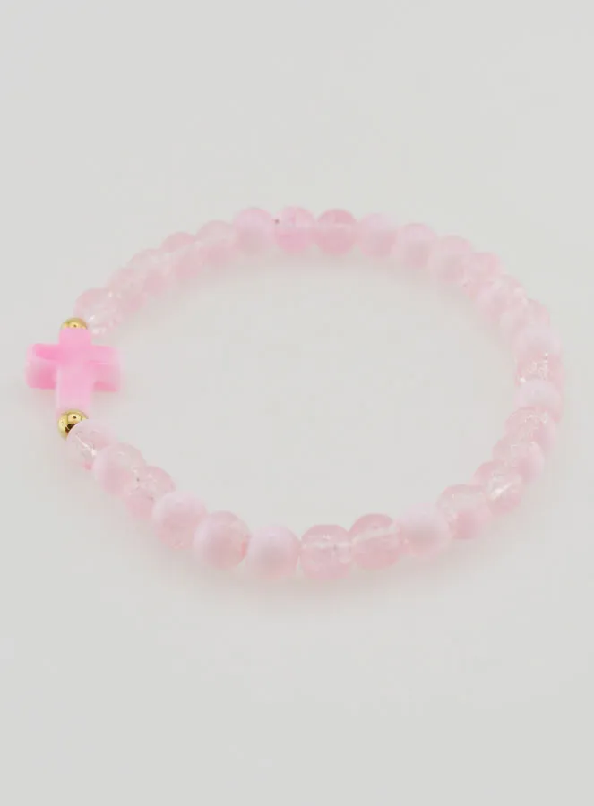 Religieuze Armband met Kruis en Roze Glazen Kralen (pic 2)