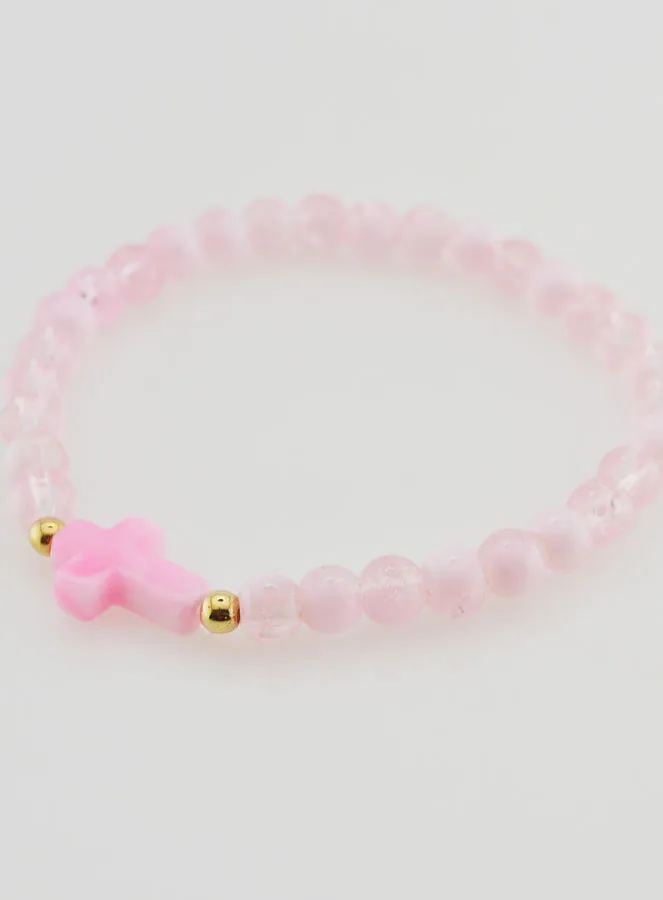 Religieuze Armband met Kruis en Roze Glazen Kralen (pic 3)