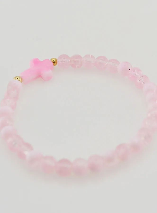 Religieuze Armband met Kruis en Roze Glazen Kralen (pic 4)