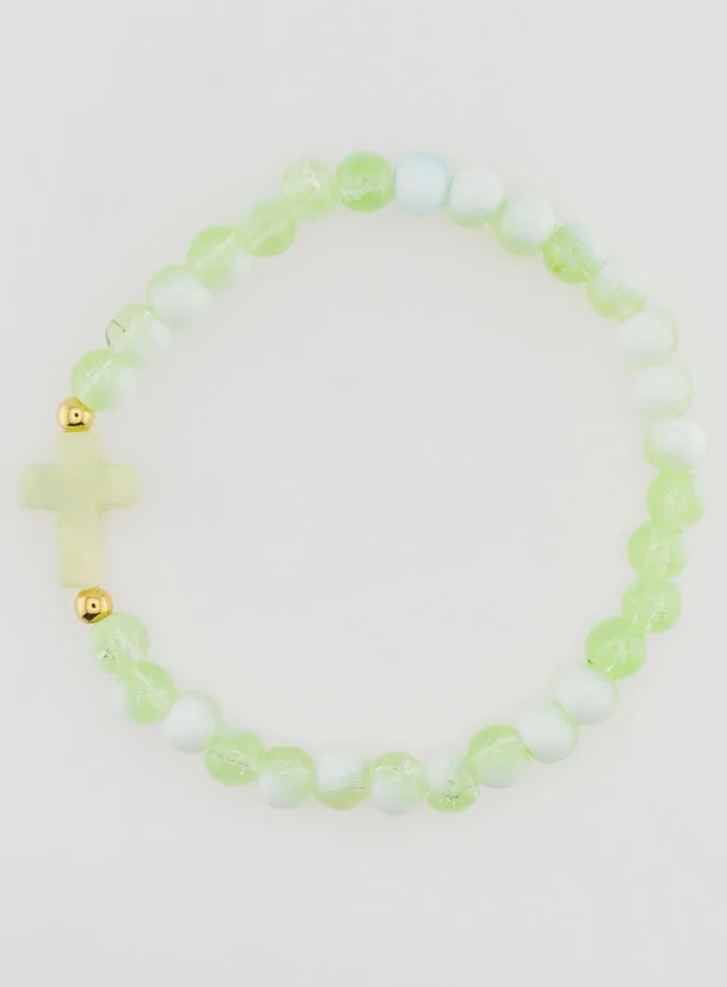 Religieuze Armband met Kruis en Groene Glazen Kralen (pic 1)