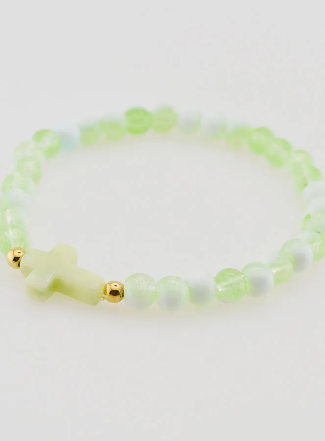Religieuze Armband met Kruis en Groene Glazen Kralen (pic 3)
