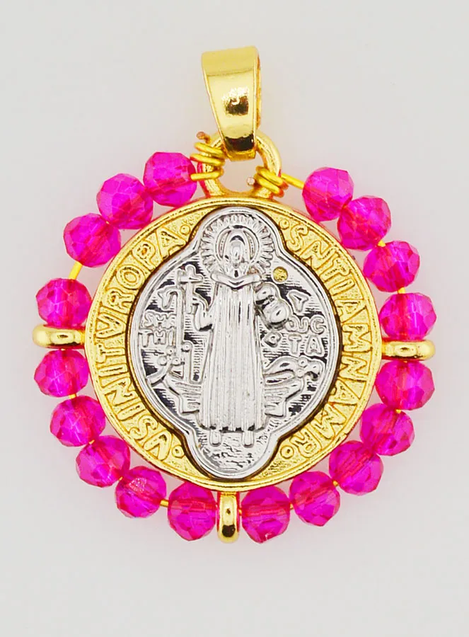 Medaille van Heilige Benedictus van Messing en Roze Glas (pic 1)