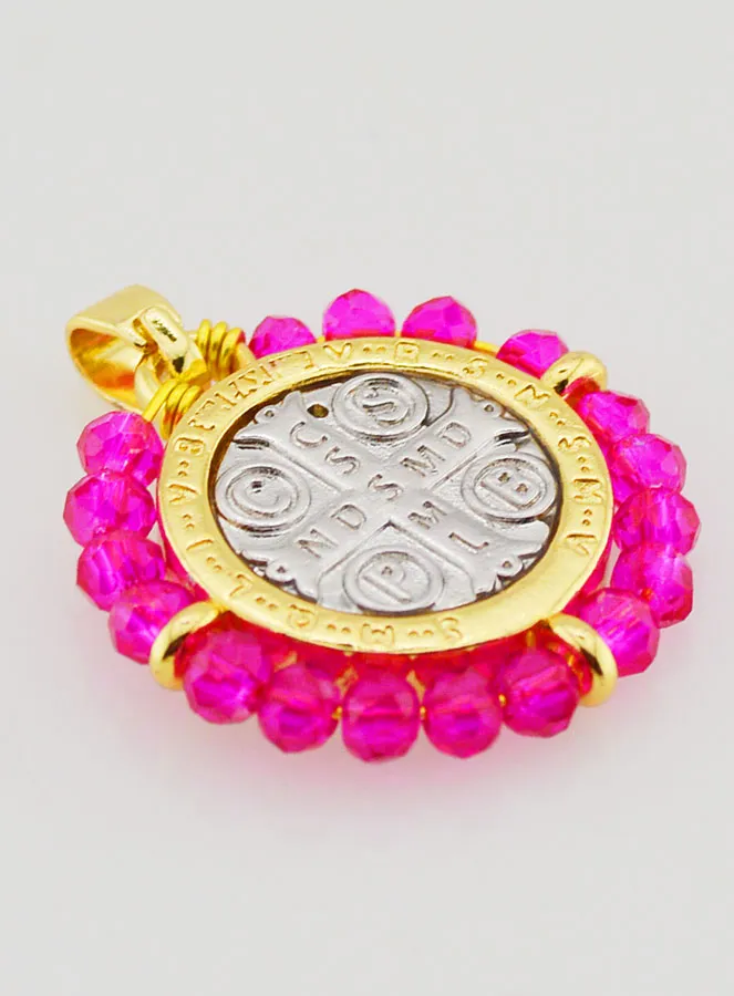 Medaille van Heilige Benedictus van Messing en Roze Glas (pic 3)